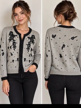 Liz Nichols Silk Cashmere Cardigan L Gray Beaded Floral Sequin Embellished